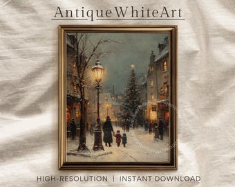 May include: A framed vintage winter scene painting. The artwork depicts a snowy street with a lit lamppost, a Christmas tree, and figures walking. The text "Antique White Art" is at the top, and "HIGH-RESOLUTION | INSTANT DOWNLOAD" is at the bottom.