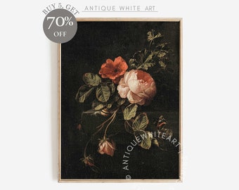 PRINTABLE Vintage Moody Wall Art, Dark Flower Print, Dark Academia, Floral & Botanical Floral Still Life Oil Painting, Digital Art | A172