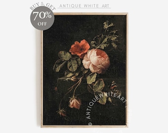 DRUCKBARE Vintage Stimmungsvolle Wandkunst, Dunkler Blumendruck, Dark Academia, Florales und Botanisches Blumenstillleben-Ölgemälde, Digital Art | A172