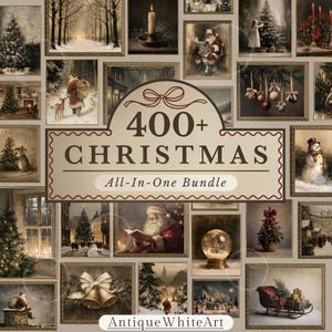 May include: A digital collection of over 400 Christmas-themed images featuring vintage-style illustrations of Santa Claus, snow-covered landscapes, decorated trees, ornaments, snowmen, and festive scenes, all presented in a collage format.