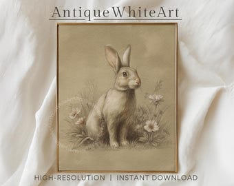 May include: A framed sepia-toned print featuring a detailed pencil drawing of a rabbit sitting in a field of flowers and grass. The print is labeled "Antique White Art" and "HIGH-RESOLUTION | INSTANT DOWNLOAD".