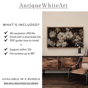 May include: A digital download of a 4K resolution JPG file featuring a floral print with white flowers on a dark background. The image is framed and displayed on a wall above a wooden dresser and a chair. The text "Antique WhiteArt" is at the top of the image. The text "WHAT'S INCLUDED?" is on the left side of the image. The text "AVAILABLE IN A BUNDLE" is at the bottom of the image. The text "See item description for details" is below the text "AVAILABLE IN A BUNDLE".