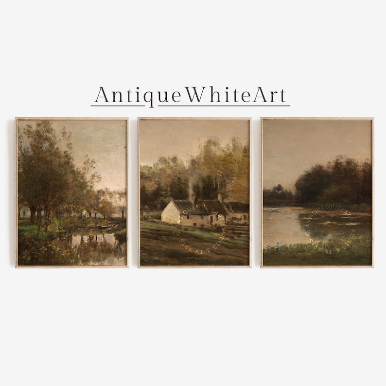 May include: A triptych of framed landscape paintings. The artwork features muted tones of brown, green, and beige. The paintings depict scenes of nature, including trees, water, and a building. The text "Antique White Art" is above the paintings.