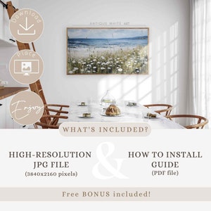 May include: A framed landscape painting of a beach scene with blue water, white flowers, and green grass. The text "ANTIQUE WHITE ART" is above the painting. The image also includes text that says "HIGH-RESOLUTION JPG FILE" and "HOW TO INSTALL GUIDE".