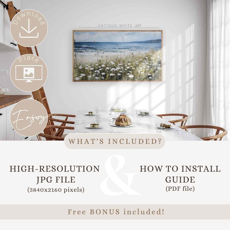 May include: A framed landscape painting of a beach scene with blue water, white flowers, and green grass. The text "ANTIQUE WHITE ART" is above the painting. The image also includes text that says "HIGH-RESOLUTION JPG FILE" and "HOW TO INSTALL GUIDE".