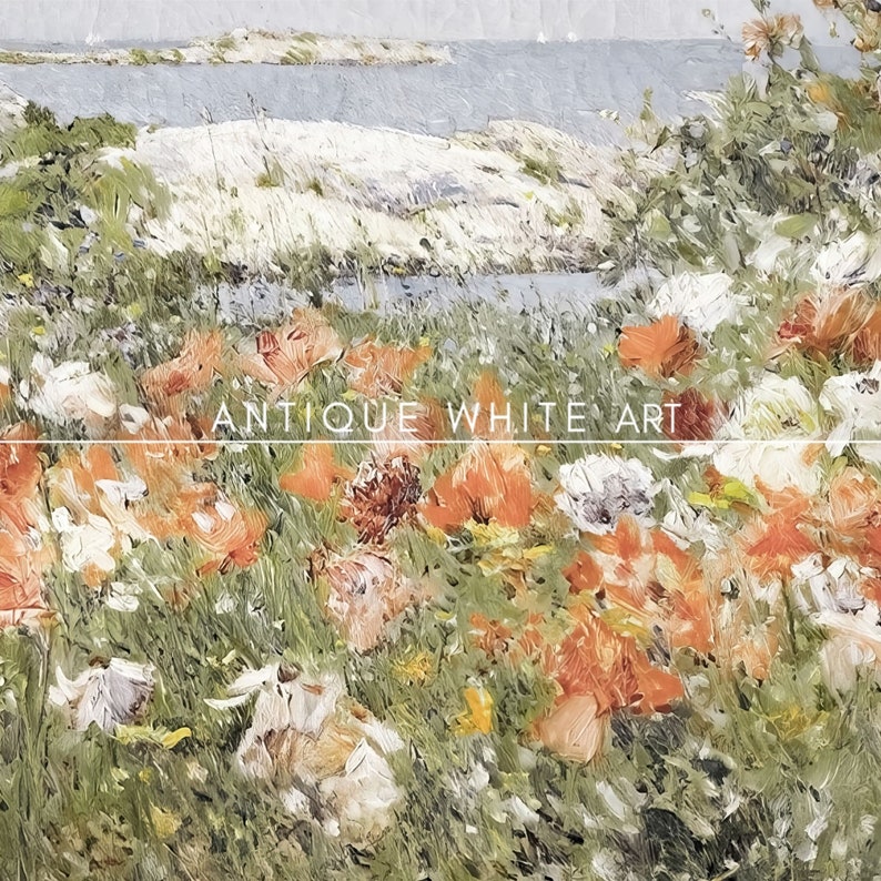 May include: A painting of a field of orange and white flowers with a rocky shoreline and blue water in the background.