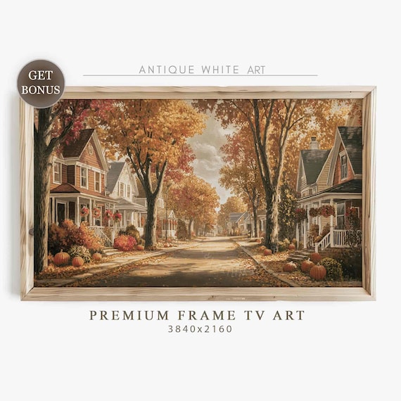 Fall American Town Frame TV Art, Vintage Town, Autumn Street Painting, Fall Season, Fall Samsung TV Art, Thanksgiving Screensaver | TV515
