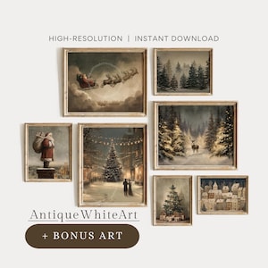May include: A collection of framed vintage Christmas art prints. The prints depict winter scenes with Santa Claus, a decorated Christmas tree, and snowy landscapes. The text "HIGH-RESOLUTION | INSTANT DOWNLOAD" and "Antique WhiteArt + BONUS ART" are visible.