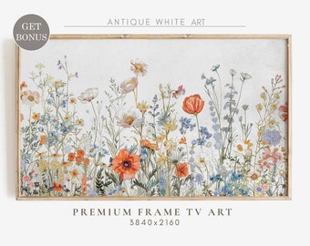 Samsung Rahmen TV Kunst, Frühling Wildblumen Kunst, Blumenstickerei, warme Ton Landblumen, strukturierte Kunst für TV, digitaler Download | TV287