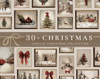 May include: A selection of framed Christmas art prints. The prints depict winter scenes, Christmas trees, bows, and a snowman. The text "30+ CHRISTMAS" and "VANILLA CHRISTMAS COLLECTION" is displayed on a banner.