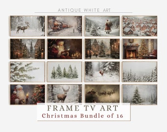 May include: A set of 16 framed Christmas-themed illustrations in a white frame. The illustrations feature winter scenes, including snow-covered trees, a train, Santa Claus, and a deer.