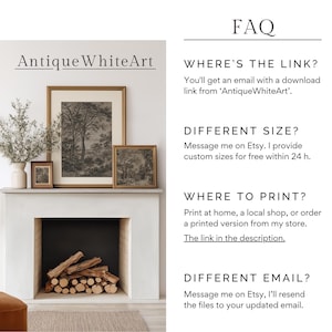 May include: A display of framed art prints above a fireplace. The prints feature black and white landscape scenes. The text "Antique WhiteArt" is at the top left. The FAQ section provides information about the link, sizes, and printing options.