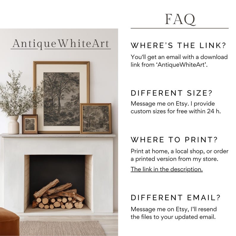 May include: A display of framed art prints above a fireplace. The prints feature black and white landscape scenes. The text "Antique WhiteArt" is at the top left. The FAQ section provides information about the link, sizes, and printing options.