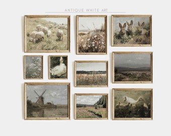 Printable Vintage Farmhouse Prints, Set of 10 Spring Wall Art, Country Landscapes, Cottagecore, Easter Spring Decor, Digital Download | S62