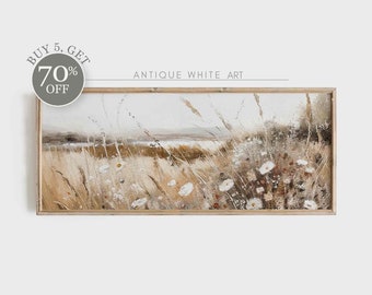 Printable Wildflower Field Panoramic Landscape Oil Painting, Warm tones, Country Landscape Print, Farmhouse Wall Art, Digital Download |A196