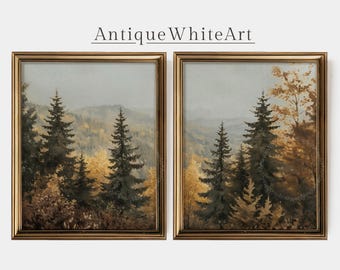 Fall Forest Painting, Gallery Set of 2, Printable Autumn Wall Decor, Vintage Prints, Farmhouse Gallery, Autumn Aesthetic Pair Prints | S128