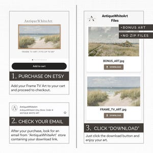 May include: A digital download listing for a printable beach scene artwork. The image shows a preview of the artwork, which is a watercolor painting of a path through tall grass leading to a beach with a blue sky and ocean. The listing includes a bonus art print and instructions on how to purchase and download the artwork.