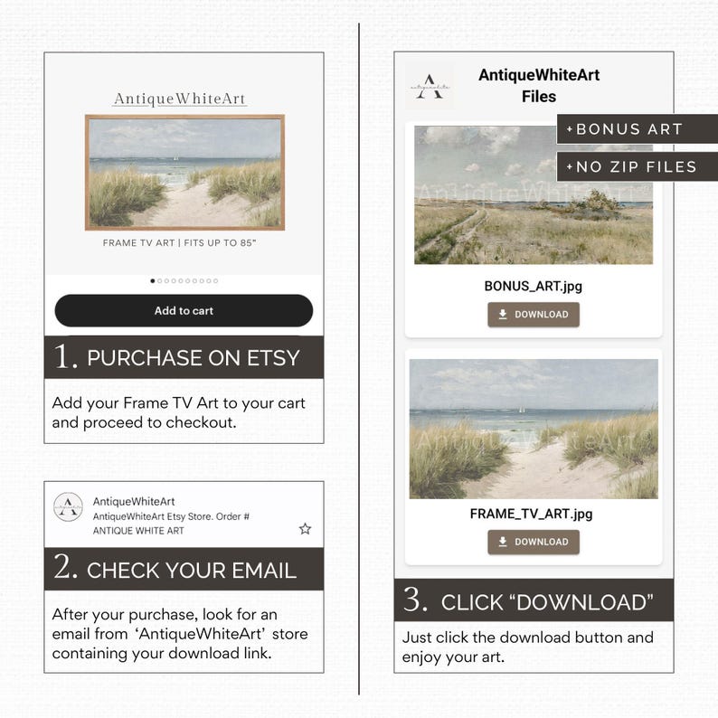May include: A digital download listing for a printable beach scene artwork. The image shows a preview of the artwork, which is a watercolor painting of a path through tall grass leading to a beach with a blue sky and ocean. The listing includes a bonus art print and instructions on how to purchase and download the artwork.