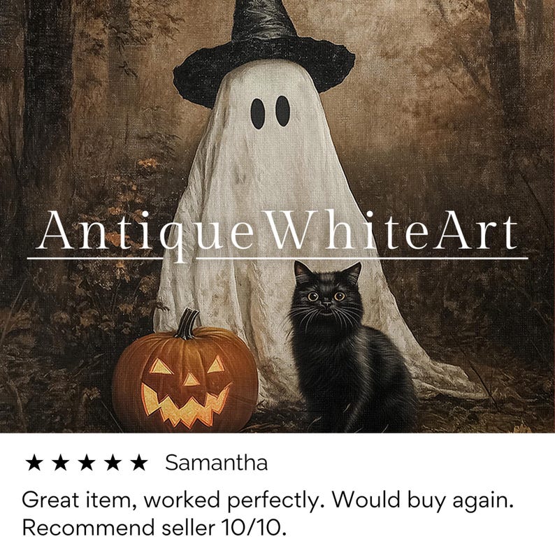 Puede incluir: Una obra de arte con tem&aacute;tica de Halloween que presenta un fantasma con un sombrero de bruja, una calabaza tallada y un gato negro. La obra de arte tiene el texto "Antique WhiteArt". El fondo es una escena de bosque borrosa.