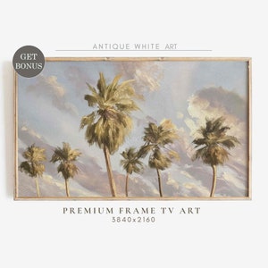 May include: A painting of palm trees against a cloudy sky. The painting is in a light wood frame. The text "ANTIQUE WHITE ART" is at the top of the image and the text "PREMIUM FRAME TV ART 3840x2160" is at the bottom of the image.