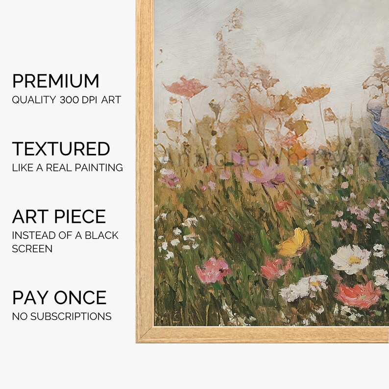Op de afbeelding: Een ingelijst schilderij van een veld met wilde bloemen in tinten roze, geel en wit. De bloemen zijn geschilderd in een realistische stijl met zichtbare penseelstreken. De achtergrond is zachtblauw.