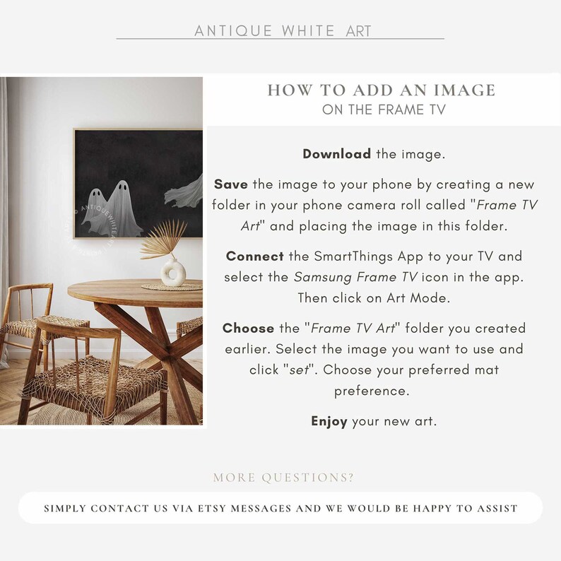 May include: Instructions on how to add an image to a Samsung Frame TV. The image shows a black and white illustration of two ghosts on a black background, a wooden table with two woven chairs, and a dried palm leaf arrangement.