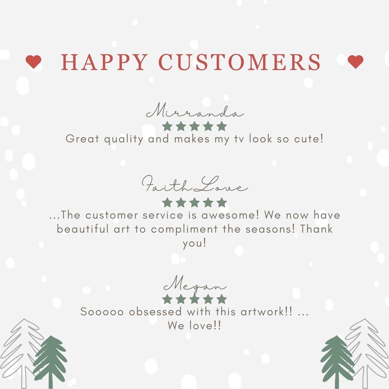 May include: A light beige background with the text "HAPPY CUSTOMERS" in red. Customer reviews are displayed below, with names and star ratings. The reviews praise the quality and customer service of the product.