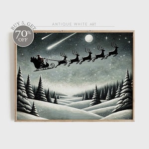 PRINTABLE Vintage Santa Claus Wall Art, Farmhouse Christmas Print, Digital Download, Festive Holiday Home Decor, Sleigh & Reindeers Art |W58