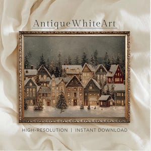 Rustic Christmas Town Painting: Moody Vintage Winter Scene (Digital Download) W292