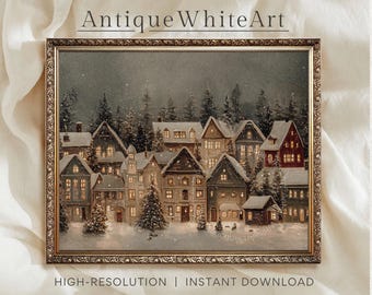 Rustiek schilderij kerststad: humeurig vintage winters tafereel (digitale download) W292