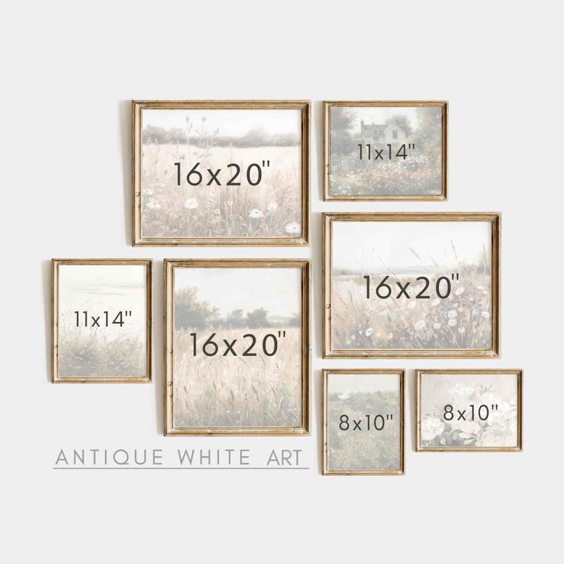 May include: A gallery wall of six antique white picture frames with various sizes and images of nature scenes. The frames are arranged in a staggered pattern on a white wall. The frames are labeled with their dimensions in inches: 11x14, 16x20, 8x10. The text "ANTIQUE WHITE ART" is printed below the frames.