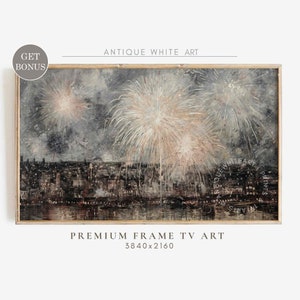 May include: A vintage-style painting of a city skyline with fireworks exploding in the night sky. The painting is in muted tones of gray, white, and brown. The painting is framed in a simple wooden frame.