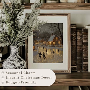May include: A framed print of a winter scene with people ice skating on a frozen pond. The scene is lit by string lights and the houses have warm, glowing windows. The print is in a rustic wooden frame and is displayed on a shelf with books.