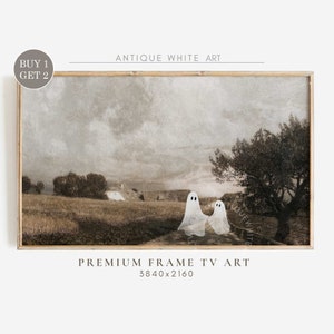 May include: A framed print of a vintage landscape with two white ghosts in the foreground. The landscape is sepia toned and features a field, trees, and a building in the distance. The text "ANTIQUE WHITE ART" is at the top of the frame and "PREMIUM FRAME TV ART 3840x2160" is at the bottom.