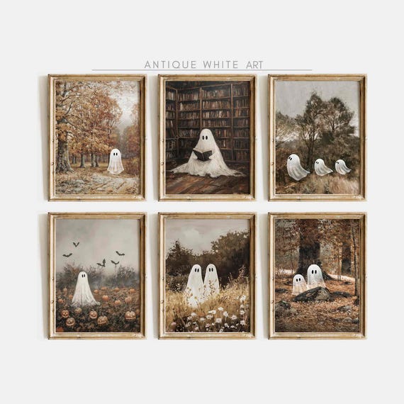 Printable Halloween Gallery Set, Cute Ghosts Prints, Fall Painting, Halloween Decor, Farmhouse Gallery Wall Set, Downloadable Prints | S85