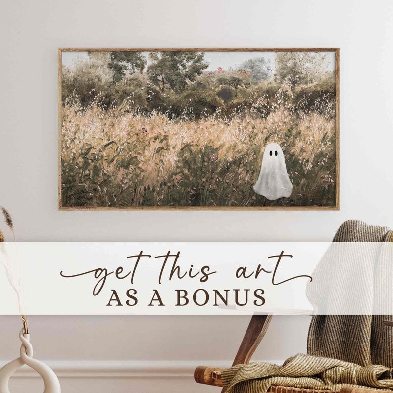 May include: A framed artwork featuring a field scene with a white ghost figure. The artwork has a natural color palette with a ghost in the center. The text "get this art AS A BONUS" is displayed on a white banner below the artwork.