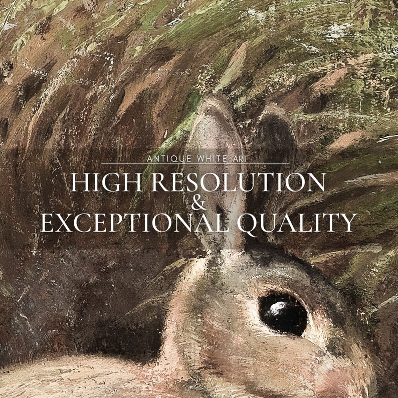 Peut inclure: Un gros plan sur une peinture repr&eacute;sentant l'&oelig;il d'un lapin. La peinture est r&eacute;alis&eacute;e dans un style r&eacute;aliste, mettant l'accent sur la texture et les d&eacute;tails. Le texte "HIGH RESOLUTION & EXCEPTIONAL QUALITY" est superpos&eacute; &agrave; l'image.