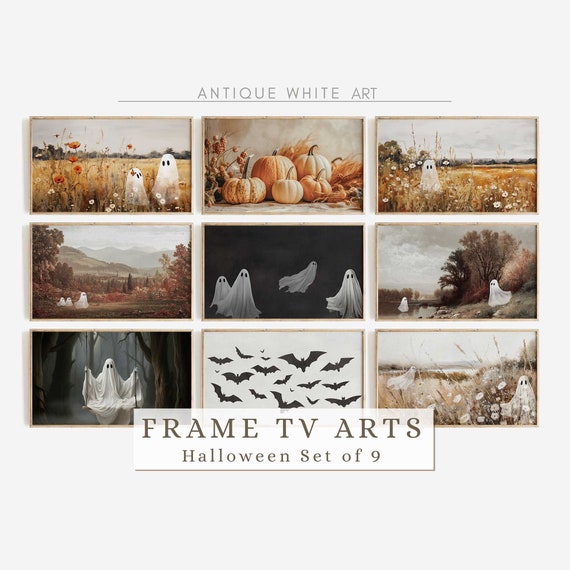 Halloween Frame TV Art Set, Ghost in Wildflower Field, Vintage Fall Landscape Paintings, Halloween Spooky Arts, Samsung Frame TV Set |TS12