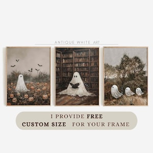 May include: Three framed art prints featuring ghosts. The left shows a ghost in a pumpkin patch with bats. The center shows a ghost reading in a library. The right shows three ghosts in a forest. Text reads: ANTIQUE WHITE ART, I PROVIDE FREE CUSTOM SIZE FOR YOUR FRAME.