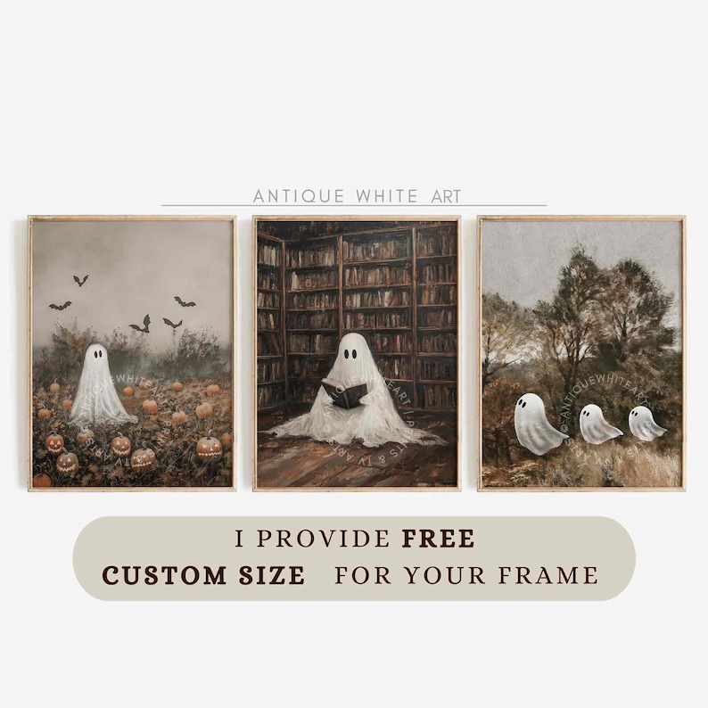 May include: Three framed art prints featuring ghosts. The left shows a ghost in a pumpkin patch with bats. The center shows a ghost reading in a library. The right shows three ghosts in a forest. Text reads: ANTIQUE WHITE ART, I PROVIDE FREE CUSTOM SIZE FOR YOUR FRAME.