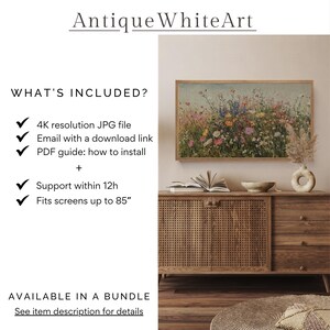 Puede incluir: Una descarga digital de un archivo JPG de 4K que presenta una pintura de un campo de flores silvestres. La imagen se muestra en una pantalla de televisi&oacute;n en un sal&oacute;n. El texto "Antique WhiteArt" est&aacute; en la parte superior de la imagen. El texto "WHAT'S INCLUDED?" est&aacute; en la esquina superior izquierda de la imagen. El texto "AVAILABLE IN A BUNDLE" est&aacute; en la esquina inferior izquierda de la imagen. El texto "See item description for details" est&aacute; debajo del texto "AVAILABLE IN A BUNDLE".