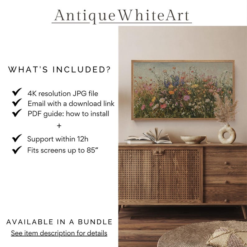Puede incluir: Una descarga digital de un archivo JPG de 4K que presenta una pintura de un campo de flores silvestres. La imagen se muestra en una pantalla de televisi&oacute;n en un sal&oacute;n. El texto "Antique WhiteArt" est&aacute; en la parte superior de la imagen. El texto "WHAT'S INCLUDED?" est&aacute; en la esquina superior izquierda de la imagen. El texto "AVAILABLE IN A BUNDLE" est&aacute; en la esquina inferior izquierda de la imagen. El texto "See item description for details" est&aacute; debajo del texto "AVAILABLE IN A BUNDLE".