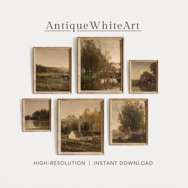 May include: A collection of six framed landscape paintings in a vintage style. The artwork features muted tones of brown, green, and beige, depicting scenes of nature, including trees, water, and buildings. The text "Antique White Art" is at the top.