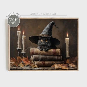 ハロウィン魔女風ウォールアート、黒猫プリント、ダーククラシックハロウィンダウンロードアート、ハロウィン印刷アート、魔女ウォールデコレーション | A275