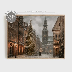 May include: A snowy, wintery scene of a European city street with a lit Christmas tree in the center. The buildings are old and have a rustic charm. There are people walking in the street, and the snow is falling softly.