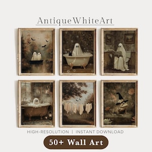 May include: A set of six framed wall art prints featuring ghosts in various scenes, including ghosts in a boat, a bathtub, on a toilet, and hanging laundry, plus a frog wearing a witch hat. Text includes AntiqueWhiteArt and High-Resolution Instant Download.
