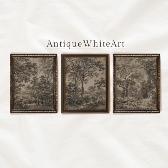 Printable Set of 3 Prints, Vintage Dark Landscape Painting, Three Botanical Drawings, Moody Brown Country Scenery, Neutral Wall Prints |S106