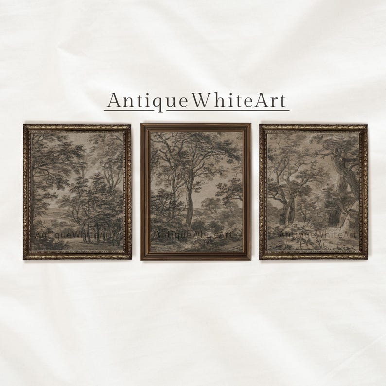 May include: Set of three antique-style framed prints featuring black and white drawings of trees and landscapes. The frames are brown with gold accents.