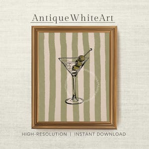 Afdrukbare martiniglasprint, retro barwagen wanddecoratie, trendy barwagen print, handgetekende kunst aan de muur, cocktailposter, digitale download A454