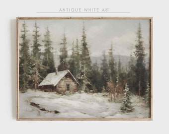 May include: A painting of a small wooden cabin in a snowy forest. The cabin has a snow-covered roof and a chimney with smoke coming out of it. The trees are tall and covered in snow. The sky is a light blue with some clouds.